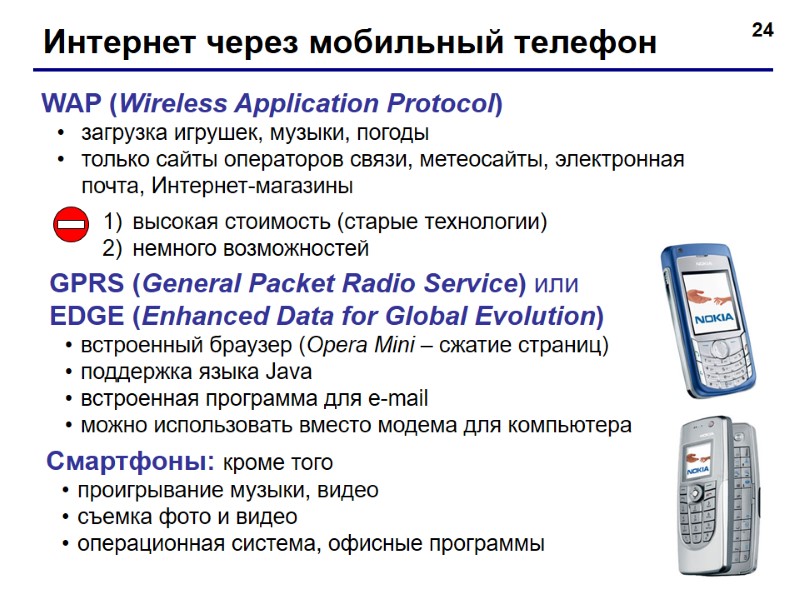 24 Интернет через мобильный телефон WAP (Wireless Application Protocol) загрузка игрушек, музыки, погоды только